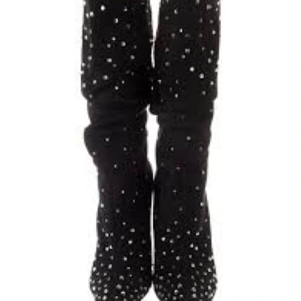 Rhinestone decor, slouch Elegant Black Studded Women's Boots - Picture 3 of 8